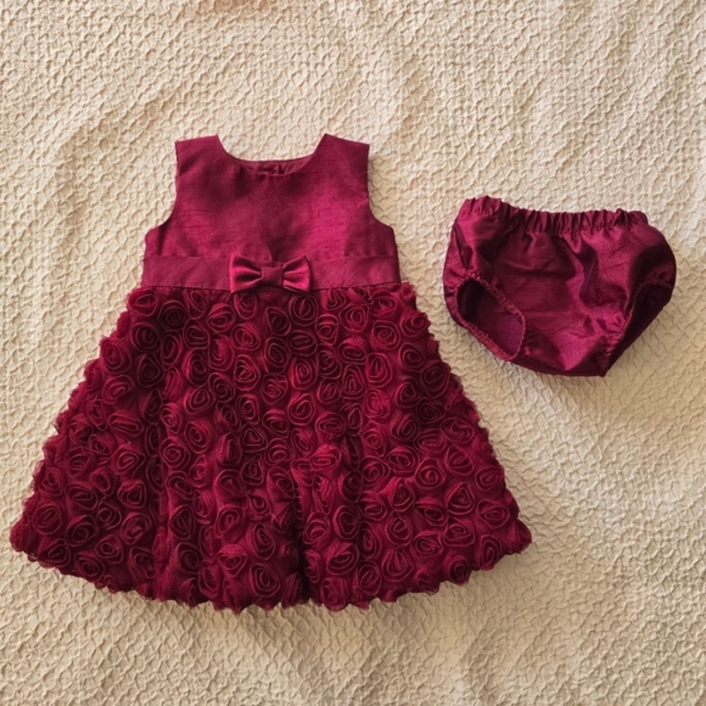 Baby Girl Christmas Floral Lined Burgundy Dress with Diaper Cover set of 2